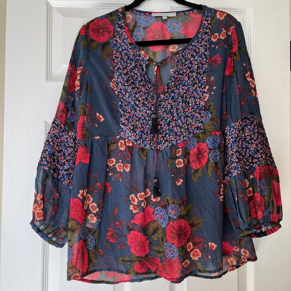 Anthropologie Tops - Anthropologie Navy Floral Peasant Blouse with Pink & Red Blossoms